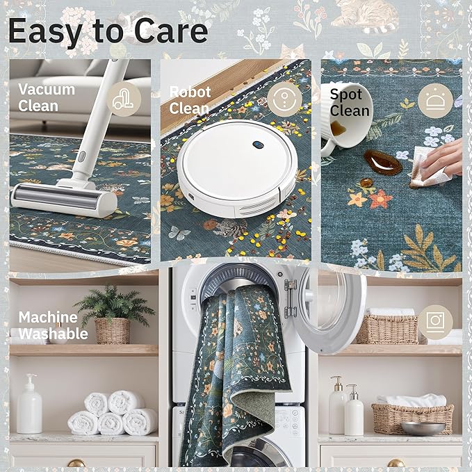 Soalmost Cat 9x12 Area Rugs for Living Room, Machine Washable Animal Floral Vintage Rug Non-Slip Low Pile Soft Throw Large Rugs for Classroom Bedroom Dining Room Nursery Playroom (9 x 12,Navy Blue)