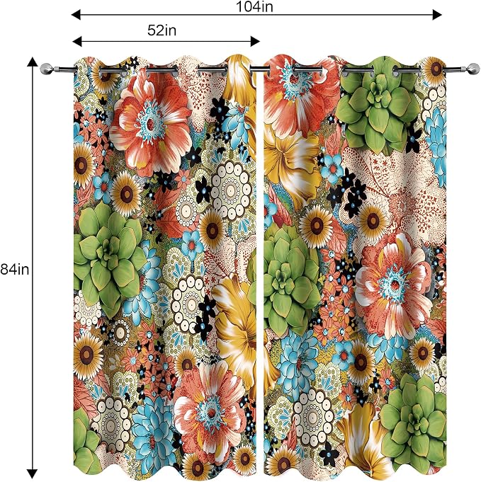 MissHope Boho Flower Floral Blackout Curtains Bohemian Colorful Flowers Spring Summer Decor for Women Girls Bedroom Study Classroom Living Room Darkening Grommet Window Drapes 2 Panel Set, 52x84 Inch