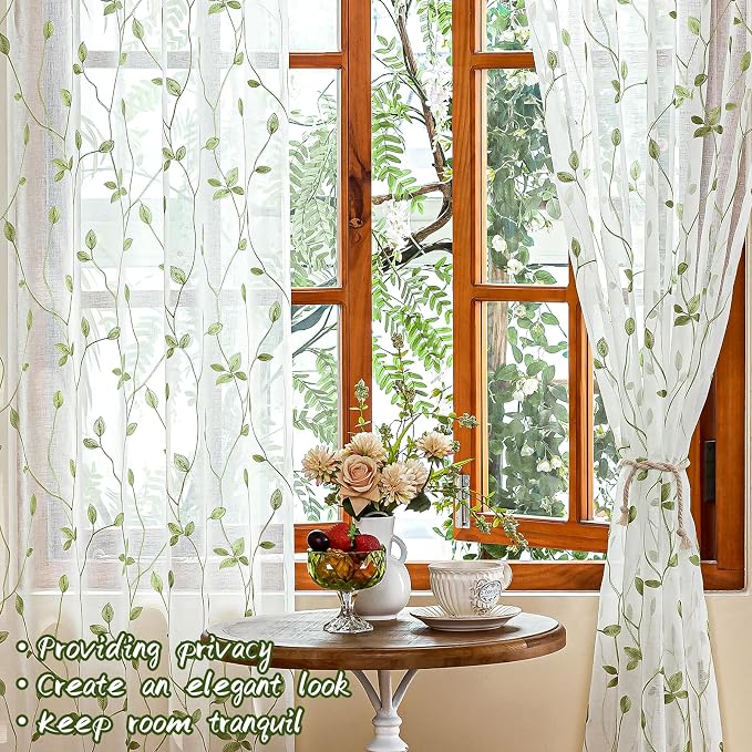 AmHoo 2 Panels Embroidered Leaf Pattern Semi Sheer Curtains Foliage Floral Voile Window Draperies Treatment for Bedroom Living Room Rod Pocket White Light Green 53 x 63 Inch