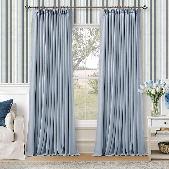 Light Blue 120 Inch Blackout Pinch Pleated Curtains 2 Panel Set for Living Room Darkening Thick Linen Textured 100% Black Out Drapes 120 Inches Long Pinch Pleat Light Blocking Bedroom for Babys Kids