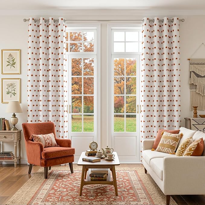 MYSKY HOME Blackout Bohemian Curtains for Living Room 95 Inch Long Nursery Curtain for Sliding Door Grommet 100% Room Darkening Bedroom Drapes with Brick Red Pom Pom Sheer 52 x 95 in, 2 Panels