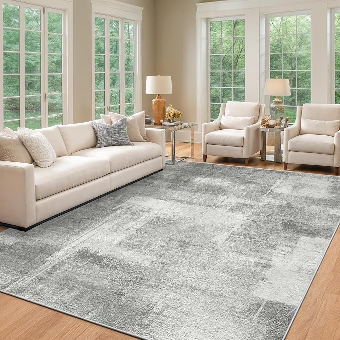zesthome Washable Area Rug 6x9, Large Abstract Rugs for Living Room, Non-Slip Stain Resistant Rugs, 6x9 Area Rugs for Bedroom, Dining Room, Ultra-Thin Indoor Area Rugs (Grey/Ivory, 6'x9')
