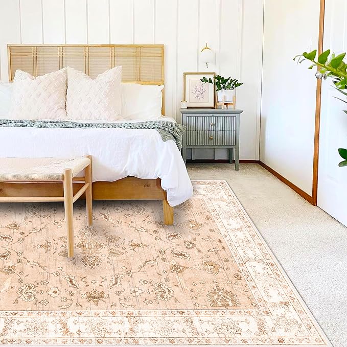 CHAMPLANT 4x6 Vintage Washable Thin Area Rug Tangerine Traditional Floor Cover Foldable Indoor Distressed Non Slip Carpet Floral Print Mat Bedroom Living Room Bathroom