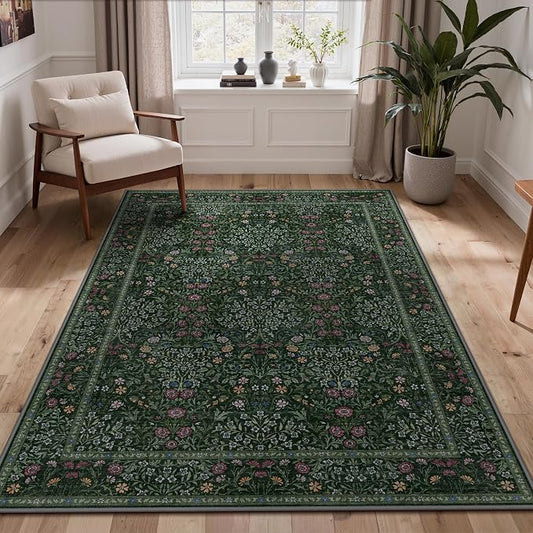 GENIMO 5x7 Area Rug for Living Room, Washable Vintage Floral Low-Pile Non-Slip Carpet for Bedroom Dining Room, Stain Resistant Botanical Accent Rug (Dark Green)