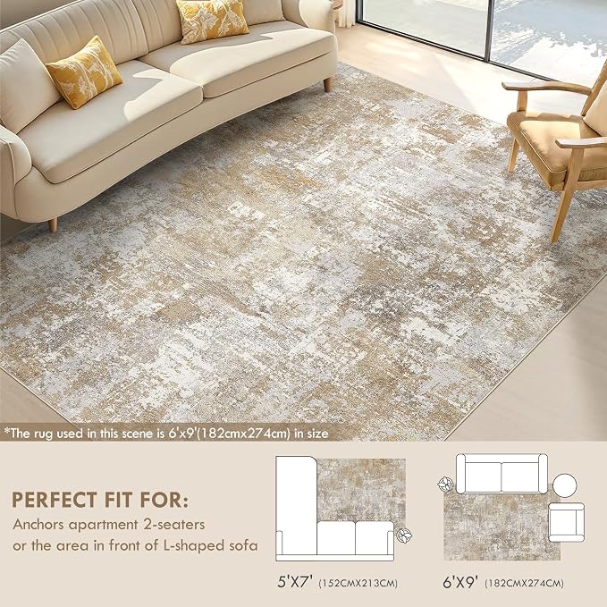 Tortania Washable 6x9 Area Rug for Living Room: Modern Abstract Neutral Large Soft Thin Rugs - Non Slip Indoor Carpet for Bedroom Dining Room Office Nursery Home Floor Decoration - Brown Grey