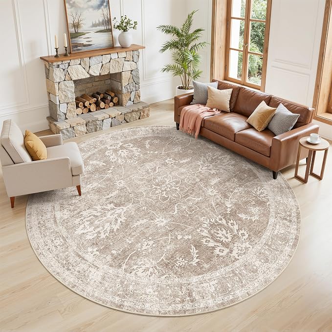 Madane Washable Round Rug 9ft for Living Room, Soft Ultra-Thin Non-Slip Vintage Floral Circle Area Rug, 9x9 Round Throw Carpet for Dining Room Nursery Bedroom Kitchen (Brown/Sand, 9'Round)