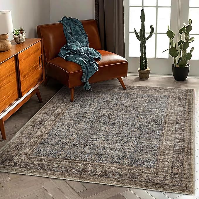 CHAMPLANT Area Rug 6'x9' Washable Vintage Traditional Floor Cover Thin Retro Kitchen Indoor Distressed Non Slip Carpet for Living Room Bedroom Dining Room