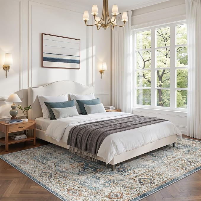 befbee 5x7 Area Rugs for Living Room,Stain Resistant Washable Rug,Non-Slip Backing Rugs for Bedroom,Kitchen,Printed Vintage Home Decor Rug (Navy, 5'x7')
