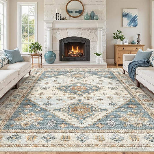Roxstand 8x10 Washable Area Rugs for Living Room, Blue/Beige | Non-slip Backing, Low-Pile Carpet, Stain Resistant,Rugs for Living Room, Bedroom, Dining Room, Office