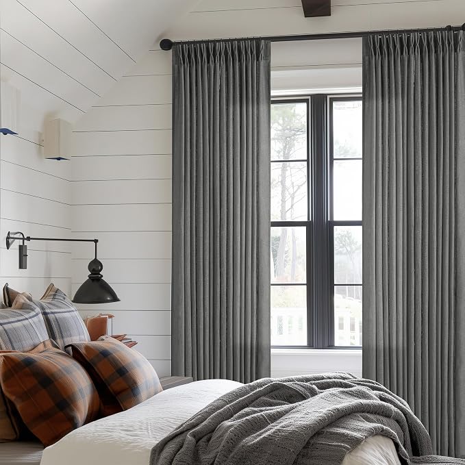 Dark Gray Linen Pinch Pleated Curtains 96 Inches Long for Living Room Pleated Drapes Back Tab Thick Linen Textured Modern Farmhouse Neutral Charcoal Slate Grey 96 Inch Curtain for Dining Bedroom