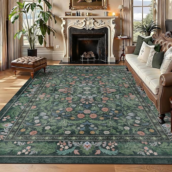 Floral 8x10 Area Rugs for Living Room, Machine Washable Vintage Rug Boho Low Pile Carpets Non Slip Soft Carpet for Farmhouse Bedroom Office Rugs, Kids Room, Nursery Room, Playroom, Green