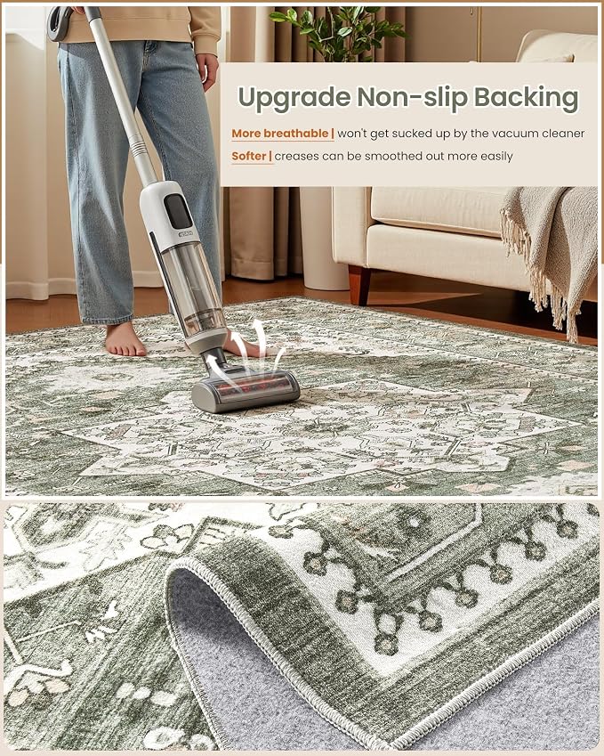 8ft Round Area Rug: Washable Vintage Neutral Soft Non Slip Thin Large Floor Carpet for Living Room Bedroom Kitchen Dining Room Home Office Farmhouse Indoor - Green