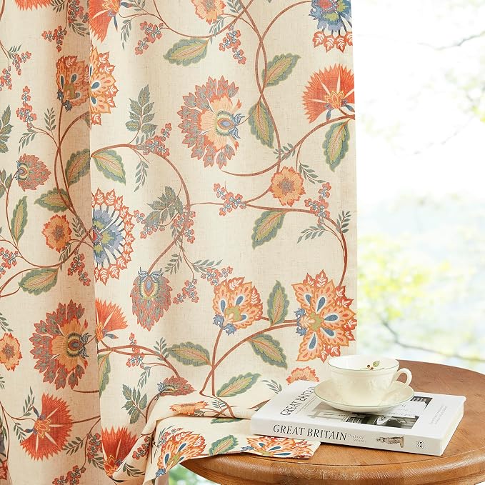Vision Home Spice Red Floral Pinch Pleat Light Filtering Curtains Panels, Linen Window Drapes with Microfiber Liner & Back Tab Hooks for Living Room Bedroom, Vintage Jacobean Print 40" Wx102 Lx2