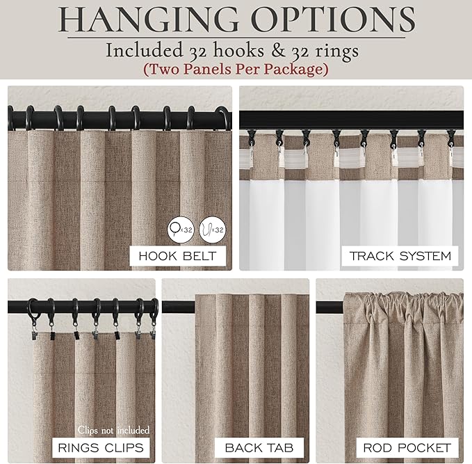 QJmydeco Dark Flax Black Out 92 Inch Long Boho Curtains 2 Panel Set, Farmhouse Curtain for Living Room Darkening/Thermal/Noise Reduction Textured Linen Drape Hook&Ring Included Chocolate 50" Wx92 L
