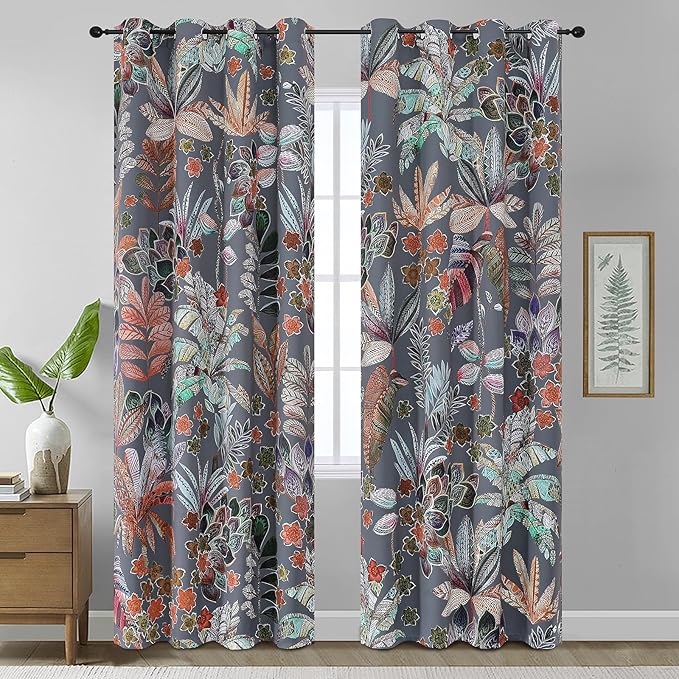 Estelar Textiler Grey Maple Leaves Blackout Curtains 108 inch Length 2 Panels,Grommet Drapes for Bedroom Living Room, Colorful Leaf Pattern Designs Nature Print Window Treatment Decor, 52Wx108L