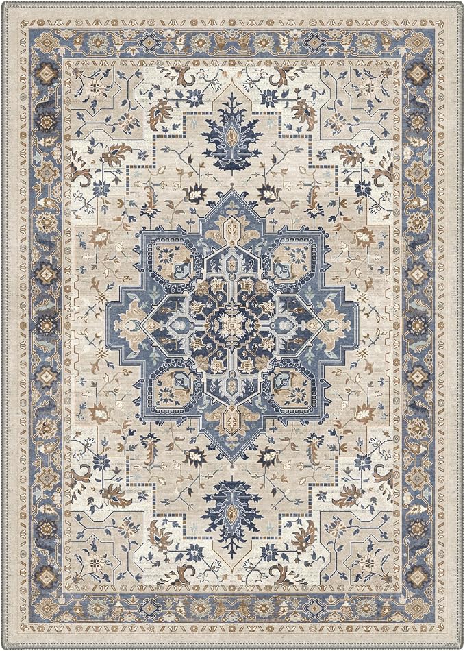GENIMO 8x10 Area Rugs for Living Room, Machine Washable Rug, Non Slip Indoor Vintage Carpet, Low Pile Lightweight Print Carpet for Bedroom Dining Room Home Office, Blue Cream