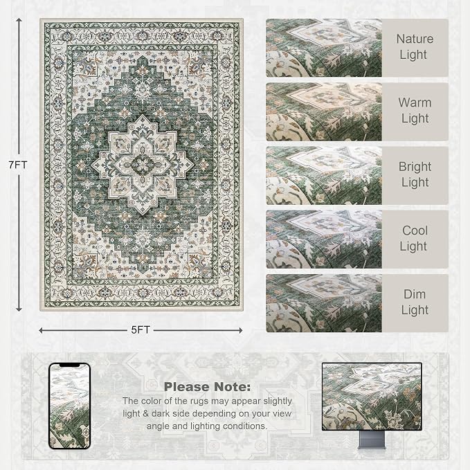 5x7 Area Rugs Living Room Rug: Washable Vintage Boho Medallion Rug No Slip Stain Resistant Soft Carpet Indoor Large Carpets for Bedroom Dining Room Farmhouse Nursery Hallway Home Office Green Ivory