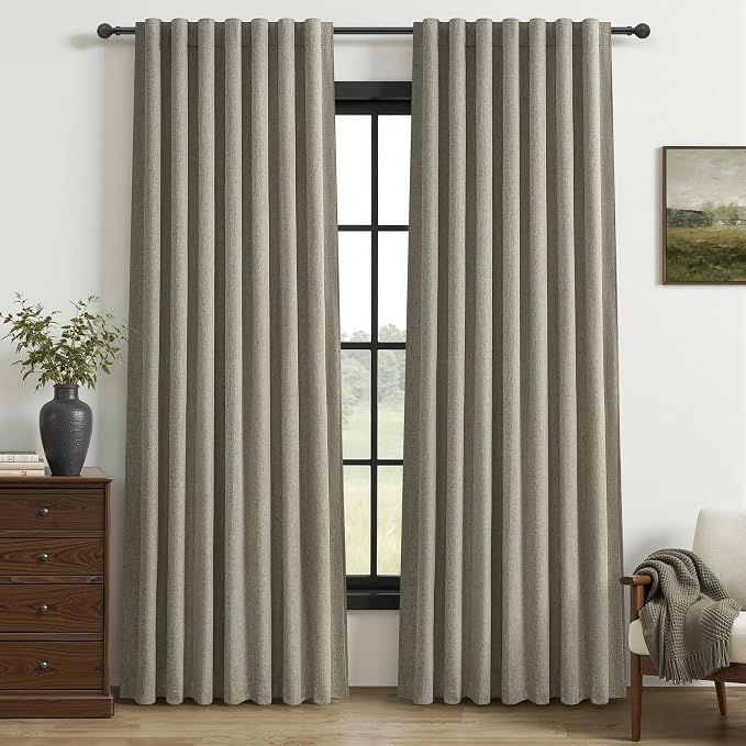 Grey Green Blackout Linen Curtains 84 Inches Long for Living Room/Bedroom, Pleated Window Track Heavy Curtain for winter with Pin Hooks Boho Dark Green Drapes Thermal Insulated (50"Wx84"Lx2Panels)