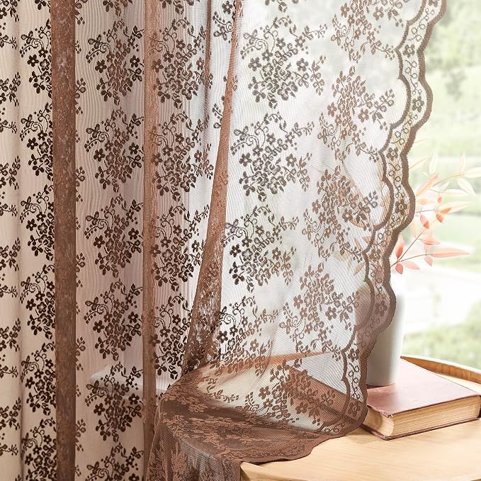 YJ YANJUN Vintage Lace Curtains 54 Inch Length-Brown Kitchen Curtains for Small Window, Victorian Floral Pattern, Light Filtering Voile Sheer Panels for Bedroom Bathroom 52" W x 54" L 2 Panels