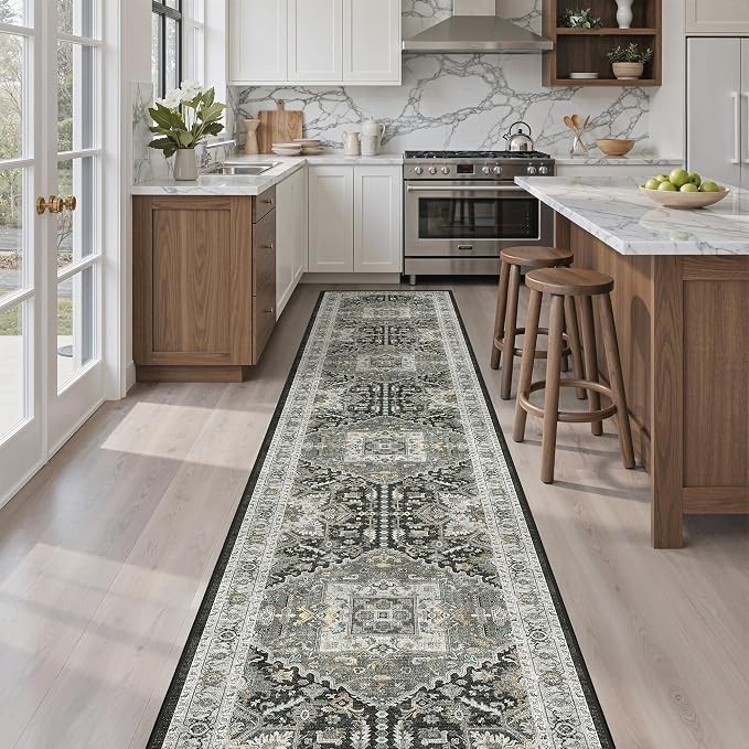 Madane Washable Runner Rugs 2x12 for Hallway Kitchen Grey Green/Black Olive | Non-Slip Vintage Printed 12ft Long Rug Runners with Rubber Backing, Thin Low-Pile Floor Carpet Laundry Room Entryway
