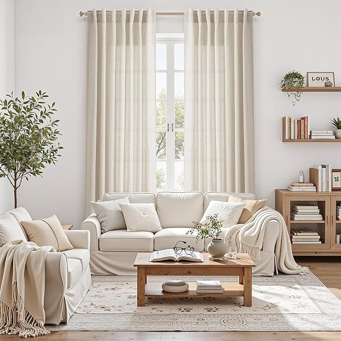 Nanspring Warm Beige Linen Curtains 108 Inches Long for Living Room Bedroom 2 Panels Set Extra Long Back Tab Curtain Light Filtering Sheer Drapes Floor to Ceiling Curtain for Large Windows 52x108