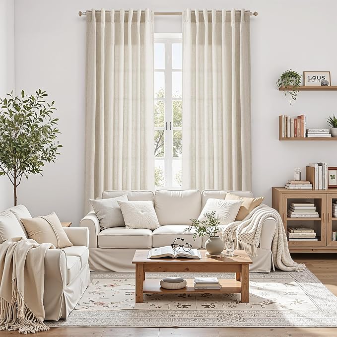Nanspring Warm Beige Linen Curtains Semi Sheer 96 Inches Long 2 Panels Set for Living Room Back Tab Rod Pocket Light Filtering Drape for Bedroom Modern Farmhouse Coastal Decor Protect Privacy 52x96