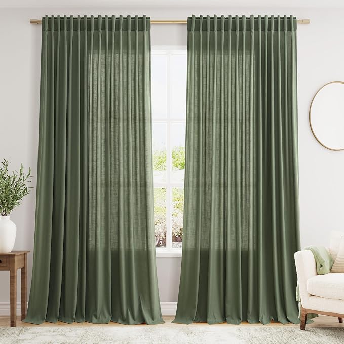 Olive Green Large Window Curtains Light Filtering Semi Sheer Privacy Linen Textured Curtain for Patio Sliding Glass Door Extra Wide Rustic Farmhouse Drapes for Living Room Bedroom Sunroom 100x90 Inch
