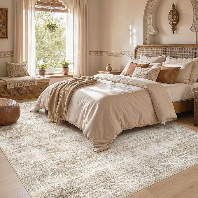 cotiled Washable Area Rugs 8x10 Living Room | Non Slip Backing, Stain Resistant, Pet Friendly, Large Neutral Soft Indoor Carpet For Bedroom, Nursery, Office, Beige/Brown