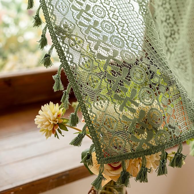 Sutuo Home Olive Green Boho Sheer Curtains, Cottagecore Lace Curtains for Nursery Kitchen Privacy Crochet Light Filtering Vintage Chic Tassels Bohemian Window Drape Rod Pocket, 2 Panels 50" W x 54" L