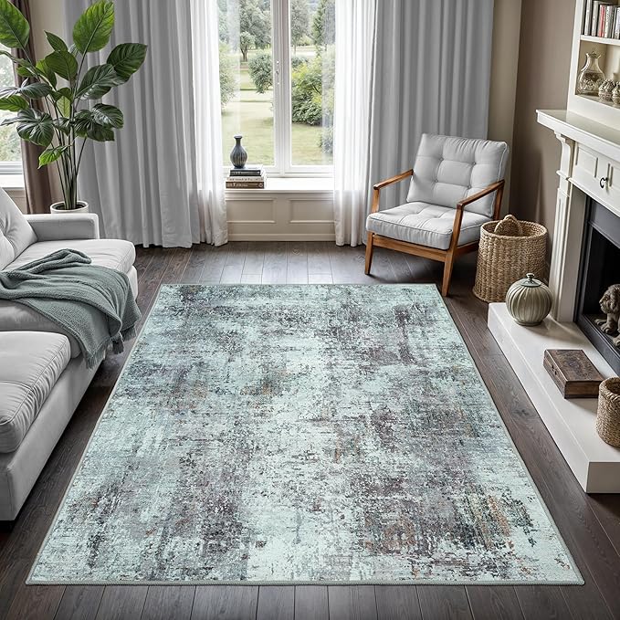 GLN Rugs Contemporary Collection - Machine Washable Area Rug, Contemporary Washable, Non Slip, Low Pile Chenille Rug, Living Room, Bedroom, Kitchen Rug (3' x 5' Grey/Green)