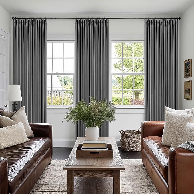 Grey Pleated Linen Blackout Curtains 80 Inches Long for Bedroom Living Room Pinch Pleat Black Out Thermal Insulated Ring Hooks Back Tab Room Darkening Drapes Charcoal Gray 80 Inch Curtains with Liner