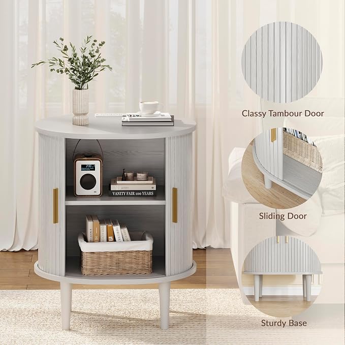 DHH Mid Century Modern Nightstand Set of 2 with Charging Station, Fluted Accent Side Table with Sliding Door & Adjustable Shelf, End Table for Small Space, Living Room, Bedroom,Sofa Couch, White