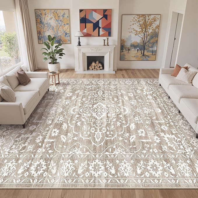 Soalmost Living Room 10x14 Area Rugs, Washable Soft Rug Light Brown | Low Pile Non-Slip Stain Resistant Extra Large Thin Rug, Vintage Throw Carpet for Dining Room Bedroom Farmhouse Home Office