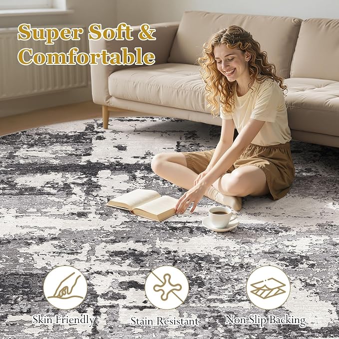 Area Rugs for Living Room: 12x12 Abstract Washable Rug Modern Neutral Large Soft Stain Resistant Non-Slip Backing Machine Table for Bedroom Dining Room Indoor Home Office Carpet - Black Grey