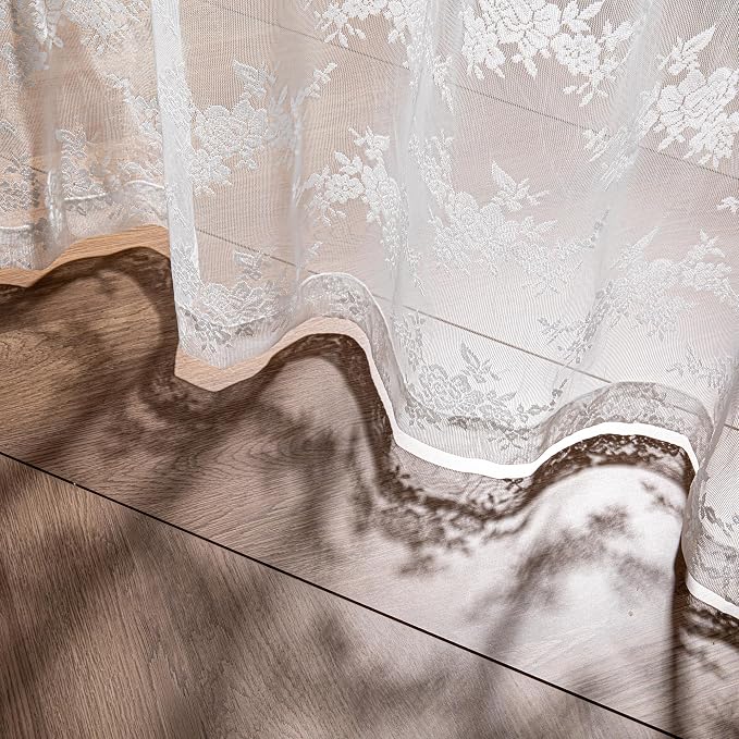 MEETSKY Short Lace Curtains 54 Inches Long Vintage Sheer Curtains for Small Windows Rod Pocket French Elegant Light Filtering Drapes, 50" W Each Panel, White, Set of 2