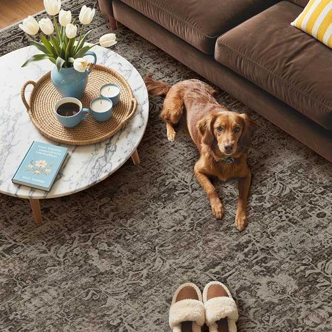 GENIMO 9x12 Area Rug Machine Washable Boho Rug for Living Room,Ultra-Thin Low Pile Carpet,Lightweight Indoor Printed Rug,Non Slip Floral Area Rug for Bedroom, Dining Room, Home Office,Brownish Green