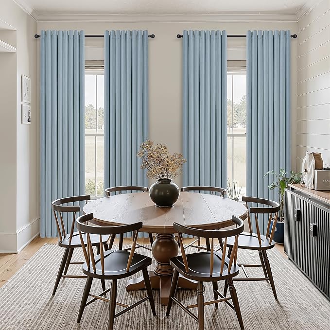 Jowels Blue Linen Blackout Curtains 90 Length 2 Panels Set for Living Room Bedroom, 100% Black Out Thermal Insulated Linen Drapes, Room Darkening Grommet Curtains 90 Inches Long