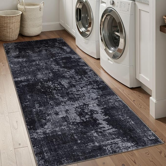 Sasttie 2x8 Soft Runner Rug for Entryway, Modern Abstract Washable Carpet for Hallway, Kitchen and Laundry Room, with Non-Slip Backing, Black and Grey