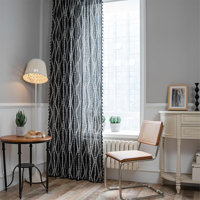 Sutuo Home Boho Curtains 84 Inches Long for Bedroom Living Room Nursery, Bohemian Vintage Tassels Window Treatment Drape for Halloween Decorations Rod Pocket, 1 Panel 59"W x 84"L,Black Stripe Floral