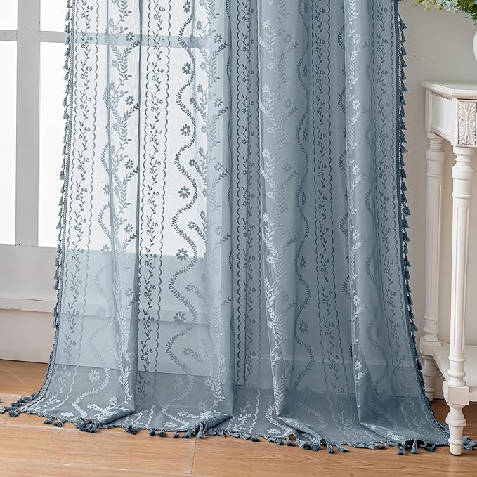 WAZZIO Boho Lace Curtains 2 Panels 84 Inch -Victorian Sheer Panel Drape French Country Floral Pattern & Tassel Light Filtering Privacy for Bedroom Dining Living Room,Coastal Decor,Dusty Blue,W52x L84