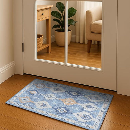 Blue Boho Oushak Rug 2x3 - Vintage Turkish Small Area Rugs for Kitchen Floor, Non-Slip Washable Rugs for Entryway, Entrance, Bathroom, Bedroom, Under Table, Living Room, Indoor