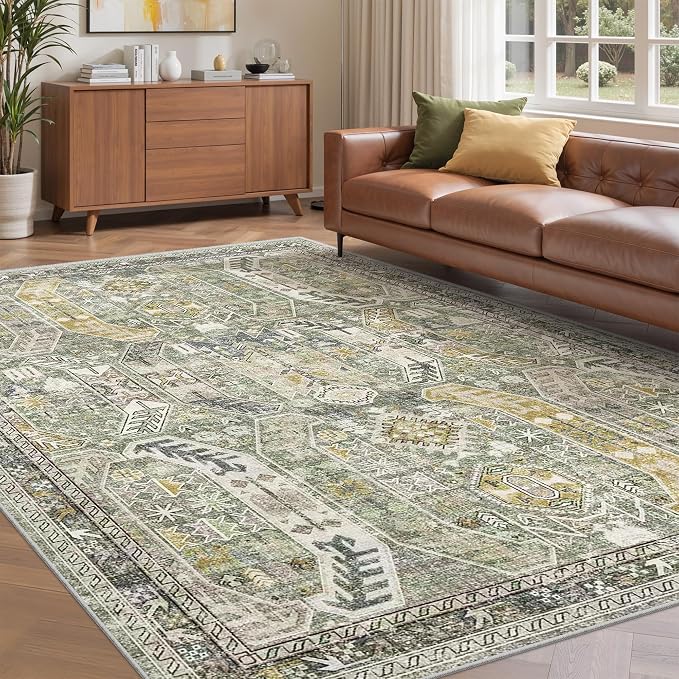 befbee 6x9 Area Rugs for Living Room - Stain Resistant Machine Washable Rugs for Bedroom,Non-Slip Backing Large Area Rug (Green/Gold, 6'x9')