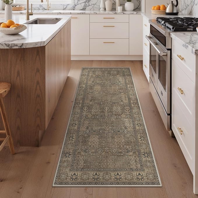Bavni Washable Rugs 3x5 Machine Washable Rug Lightweight Low Pile, Vintage Floral Rug Non-Shedding Distressed Throw Carpet for Living Room Bedroom Office, Brown