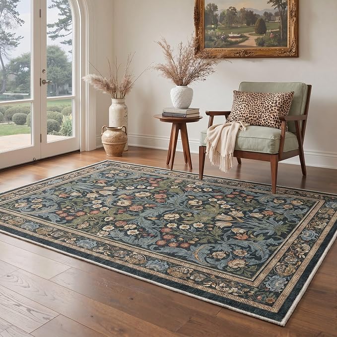 GENIMO 2x3 Washable Kitchen Rug, Non Slip Indoor Door Mat, Center Blue | Vintage Boho Floral Low Pile Entryway Mat for Bathroom, Front Door and Laundry Room