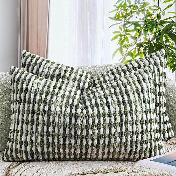 AmHoo Set of 2 Boho Chenille Pillow Cover Decorative Tufted Pillowcase for Couch Bed Sofa Bedroom Living Room Modern 12 x 20-Inch Sage Green