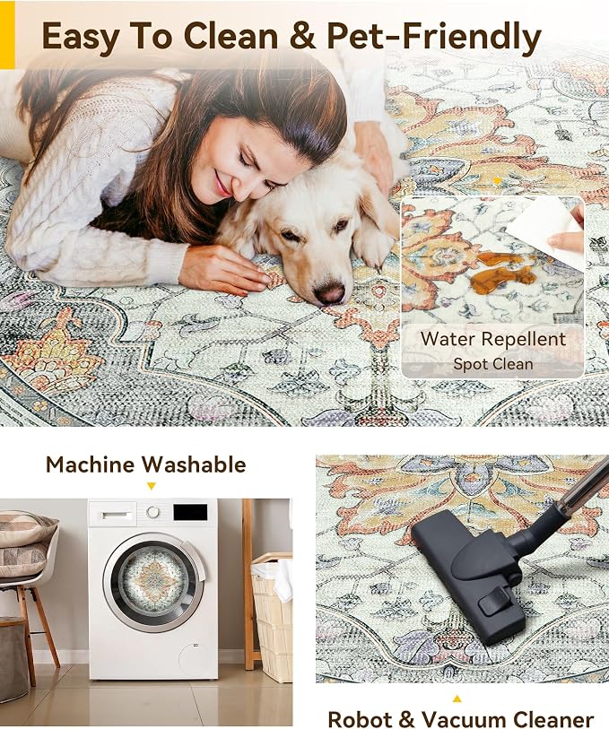 RELEANY Area Rugs Round 5ft Washable Non-Slip, Floral Vintage Distress Medallion Carpet for Living Room Bedroom Dining Room, Beige Carbon Grey Orange