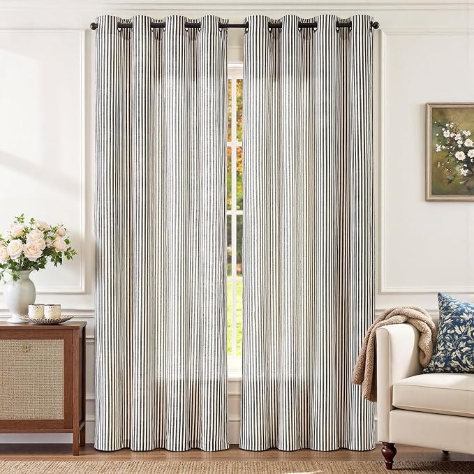 jinchan Linen Curtains 84 Inch Black Stripe on Beige Grommet 2 Panels | Curtains for Living Room Bedroom,Ticking Stripe Pattern,Farmhouse Cottage Core Rustic, Window Treatment,Light Filtering