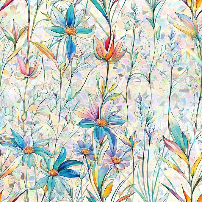 FINNEZ Window Privacy Film Stain Glass Film Flowers Rainbow Window Film Window Clings Non-Adhesive Reusable Decorative for Home（Blue Lotus，45.2 Inch x 6.5 Feet）