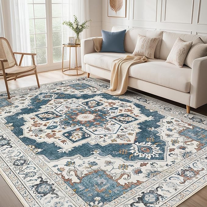 10x12 Washable Area Rug: Vintage Neutral Soft Non Slip Thin Large Floor Carpet for Living Room Bedroom Kitchen Dining Room Home Office Farmhouse Indoor - Blue