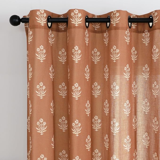 Boho Curtains 84 Inch Length 2 Panels Set for Bedroom,Vintage Floral Rustic Bohemian Terracotta Rust Color Block Print Western Long Linen Sheer Printed Farmhouse Curtains for Living Room